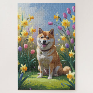 Puzzle Peinture de fleurs printanières de chien Shiba Inu