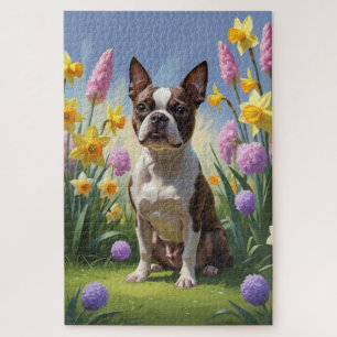 Puzzle Peinture de fleurs printanières de chien Terrier d