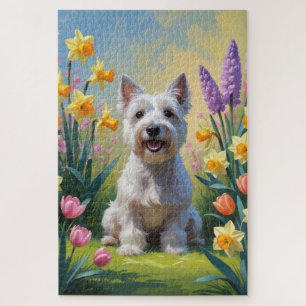 Puzzle Peinture de fleurs printanières de chien Terrier d