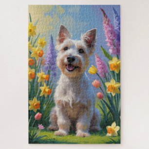 Puzzle Peinture de fleurs printanières de chien Terrier É