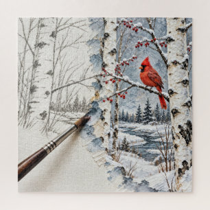 Puzzle Peinture de forêt de bouleaux d'hiver et de cardin