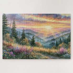 Puzzle Peinture de lever de soleil sur la montagne aux fl