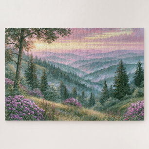 Puzzle Peinture de Montagne de Coucher de Soleil avec Fle