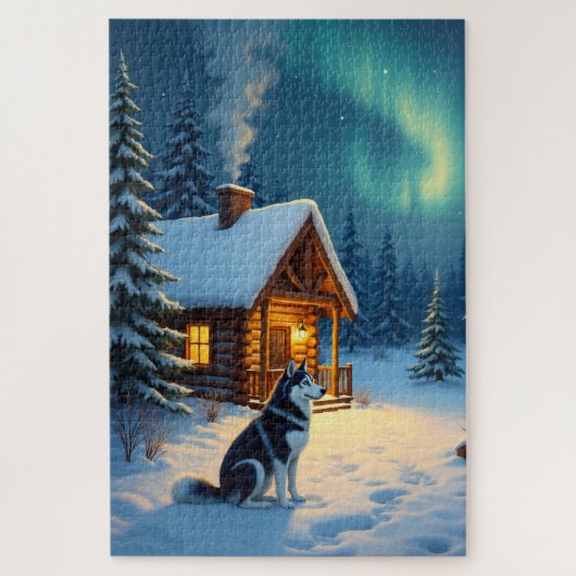 Puzzle Peinture de Noël de cabane enneigée avec Husky de (Vertical)