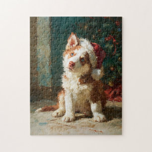 Puzzle Peinture de Noël de chiot husky sibérien rouge