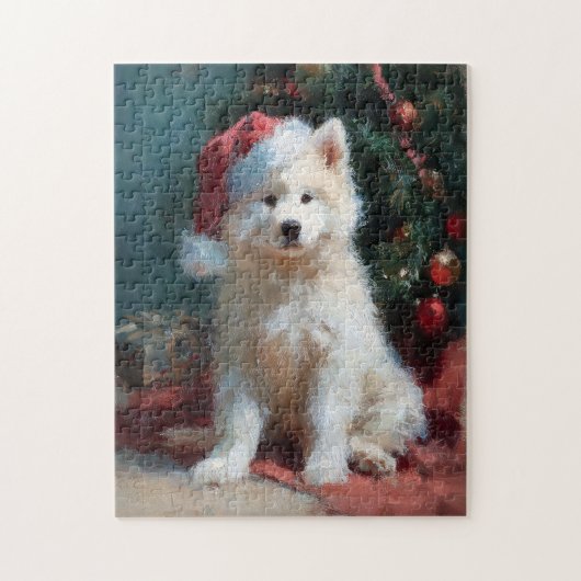 Puzzle Peinture de Noël de chiot Samoyède (Vertical)