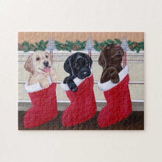 Puzzle Peinture de Noël de chiots de labrador retriever (Horizontal)