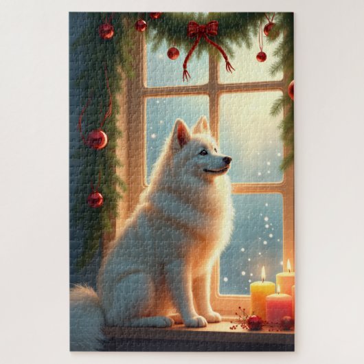 Puzzle Peinture de Noël Samoyède sous le gui (Vertical)