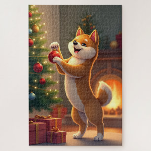 Puzzle Peinture de Shiba Inu décorant l'arbre de Noël