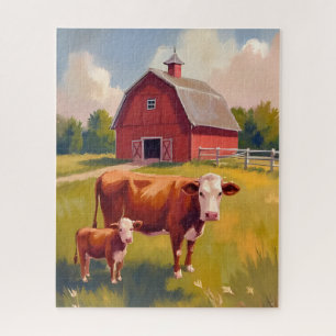 Puzzle Peinture de vache d'animaux de ferme de grange rou