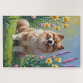 Puzzle Peinture des fleurs de printemps de chien Keeshond (Horizontal)