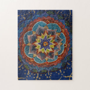 Puzzle Peinture Mandala verte, bleue, jaune