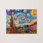 Puzzle Peinture nocturne artistique moderne étoilée<br><div class="desc">Un paysage étoilé,  artisanalement conçu et numériquement peint,  avec cyprès.</div>