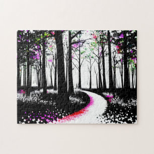Puzzle Peinture noire et blanche avec chemin de forêt ros