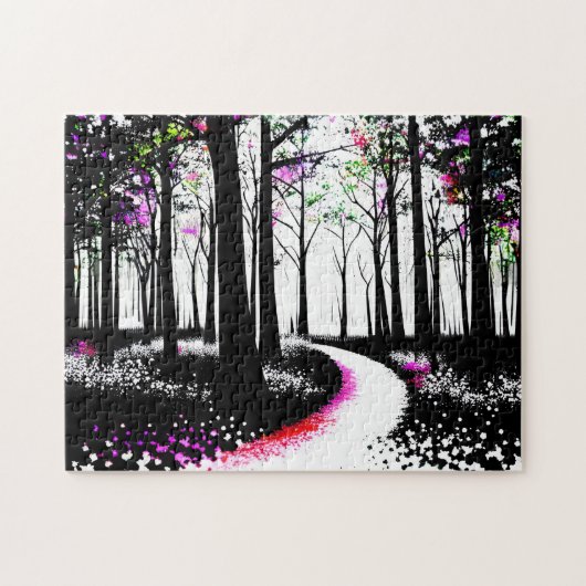 Puzzle Peinture noire et blanche avec chemin de forêt ros (Horizontal)