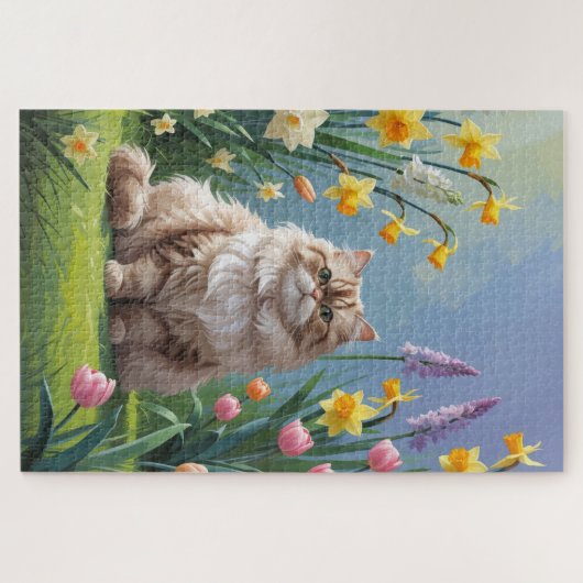 Puzzle Peinture Perse Fleurs de Printemps Chat (Horizontal)