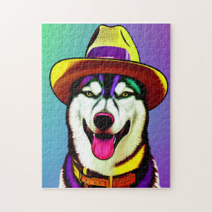 Puzzle Peinture pop art d'un chien Husky portant un Casqu