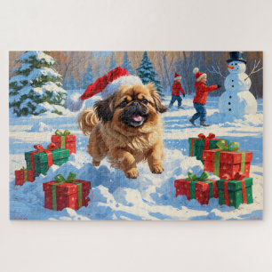Puzzle Pekingese Chien courant dans la neige avec le Casq
