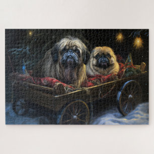 Puzzle Pékinois enneigé traîneau décoration de Noël