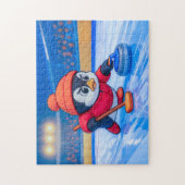 Puzzle Penguin Playing Curling on an Icy Winter Rink (Vertical)