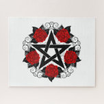 Puzzle Pentagramme aux roses rouges<br><div class="desc">Pentagramme noir avec motif,  décoré de fleurs,  roses rouges avec feuilles sur arrière - plan blanc. Style tatouage.</div>