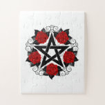 Puzzle Pentagramme aux roses rouges<br><div class="desc">Pentagramme noir avec motif,  décoré de fleurs,  roses rouges avec feuilles sur arrière - plan blanc. Style tatouage.</div>