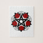 Puzzle Pentagramme aux roses rouges<br><div class="desc">Pentagramme noir avec motif,  décoré de fleurs,  roses rouges avec feuilles sur arrière - plan blanc. Style tatouage.</div>