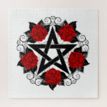 Puzzle Pentagramme aux roses rouges<br><div class="desc">Pentagramme noir avec motif,  décoré de fleurs,  roses rouges avec feuilles sur arrière - plan blanc. Style tatouage.</div>