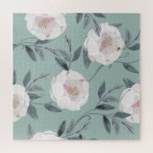 Puzzle Peonies Roses Blanches : Broderie Florale. (Horizontal)