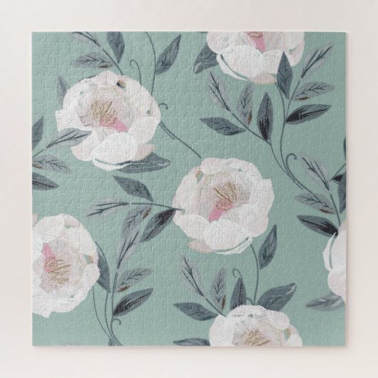 Puzzle Peonies Roses Blanches : Broderie Florale. (Vertical)