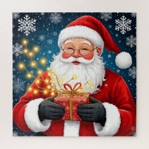 Puzzle Père Noël à côté de l'arbre de Noël et des cadeaux