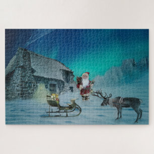 Puzzle père Noël avec Reindeer Aurora Borealis