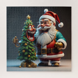Puzzle Père Noël avec un sapin de Noël rigolard