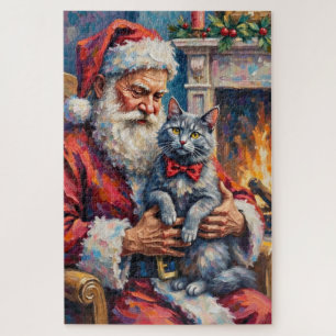 Puzzle Père Noël Chat Bleu Oriental Art de Noël