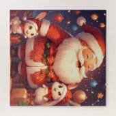 Puzzle Père Noël et deux lapins joyeux (Horizontal)