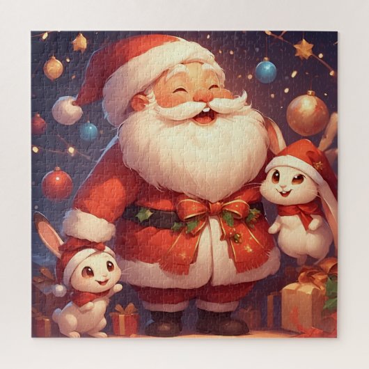 Puzzle Père Noël et deux lapins joyeux (Vertical)