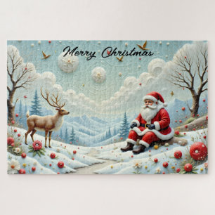 Puzzle Père Noël et ses rennes dans un paysage enneigé