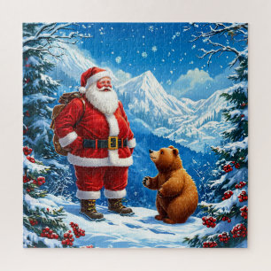 Puzzle Père Noël rencontre un ours amical dans la montagn