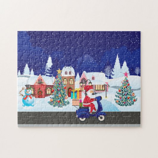 Puzzle Père Noël ride scooter dans la ville de nuit (Horizontal)