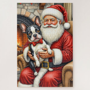 Puzzle Père Noël tenant l'art de Noël de Boston Terrier