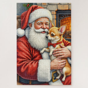 Puzzle Père Noël tenant l'art de Noël de Chihuahua