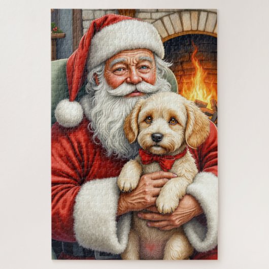 Puzzle Père Noël tenant l'art de Noël de Cockapoo (Vertical)