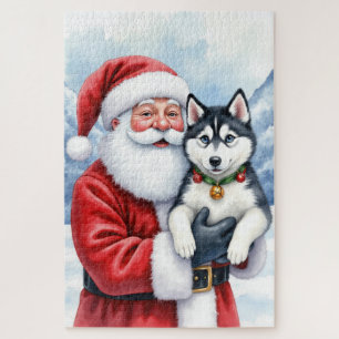 Puzzle Père Noël tenant l'art de Noël de Husky sibérien