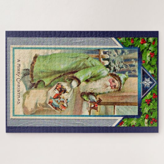 Puzzle Père Noël victorien en vert Un joyeux Noël (Horizontal)