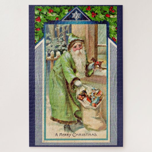 Puzzle Père Noël victorien en vert Un joyeux Noël (Vertical)