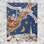 Puzzle Père Noël Vintage Avec Renne Volant<br><div class="desc">Illustration vintage Joyeux Noël design du livre d'histoire classique pour enfants "Twas the Night Before Christmas." Cette image est la couverture arrière de l'art montrant un Père Noël joyeux volant dans le ciel avec son traîneau, rennes et un sac plein de jouets le soir de Noël avec des étoiles jaunes...</div>
