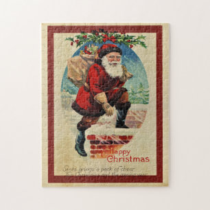 Puzzle Père Noël vintage grimpant dans la cheminée amusan
