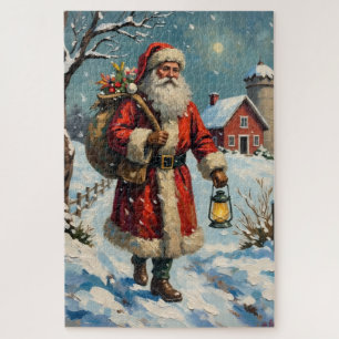 Puzzle Père Noël vintage sur le chemin enneigé de la ferm