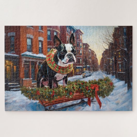 Puzzle Période de fêtes de Noël du Boston Terrier (Horizontal)