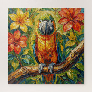 Puzzle Perroquet et fleur tropicale colorés et impasto jo